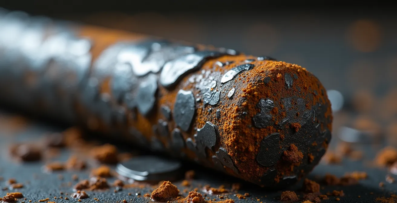 Anode de magnésium corrodée et usée retirée d'un chauffe-eau, montrant l'importance de son remplacement.