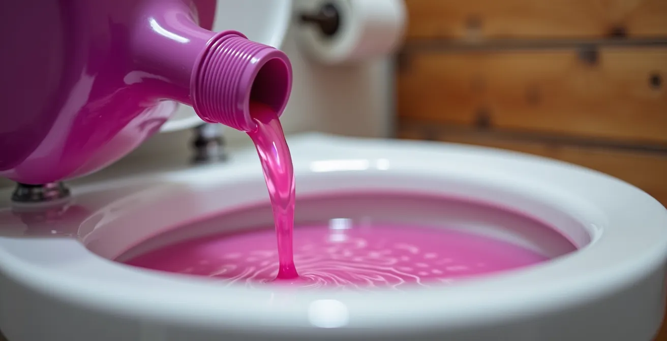 Personne versant de l'antigel rose dans une toilette de chalet avec gants de protection