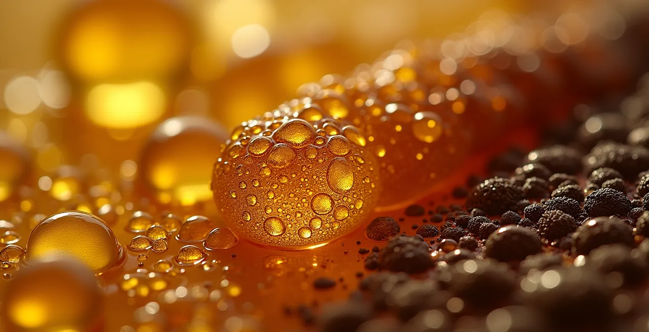 Vue macro de graisse transformée montrant la texture et les différentes phases du processus de recyclage