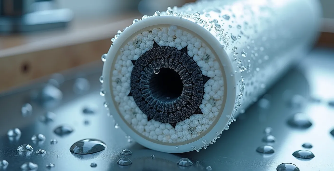 Gros plan sur différents systèmes de filtration d'eau avec leurs certifications visibles