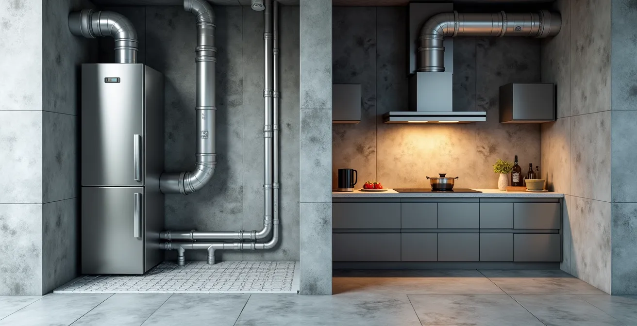 Coupe transversale architecturale montrant deux emplacements possibles pour une trappe à graisse dans un restaurant