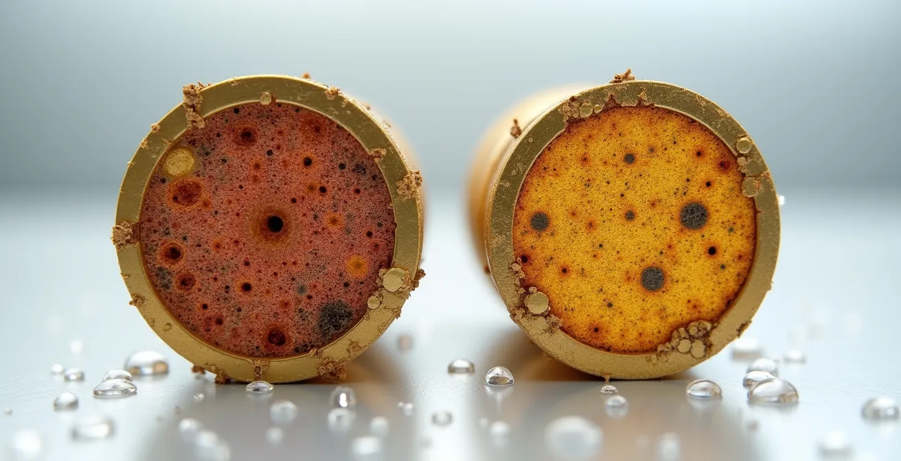 Comparaison microscopique de deux échantillons de laiton montrant la dézincification sur le spécimen non certifié.