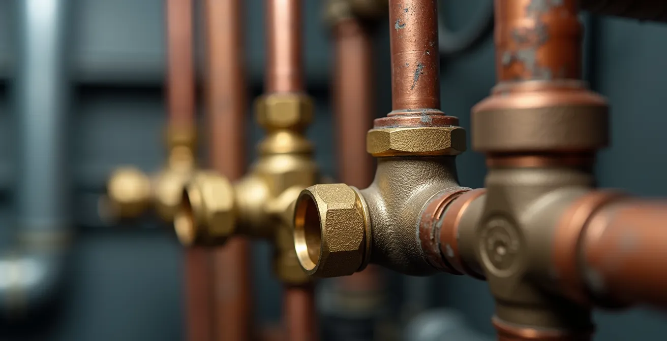 Gros plan sur raccords de plomberie professionnels en laiton de haute qualité installés selon les normes