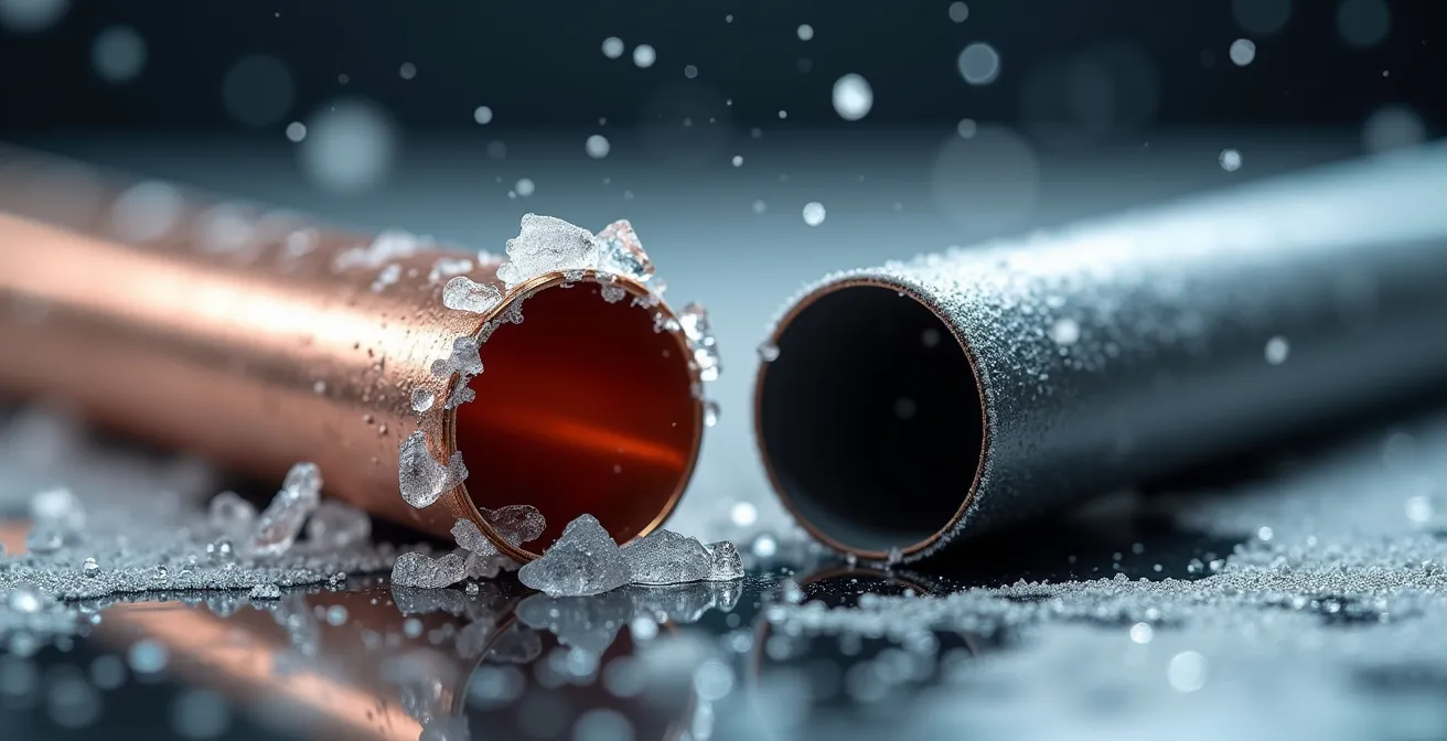 Tuyau de cuivre éclaté par le gel à côté d'un tuyau PEX intact après exposition au froid