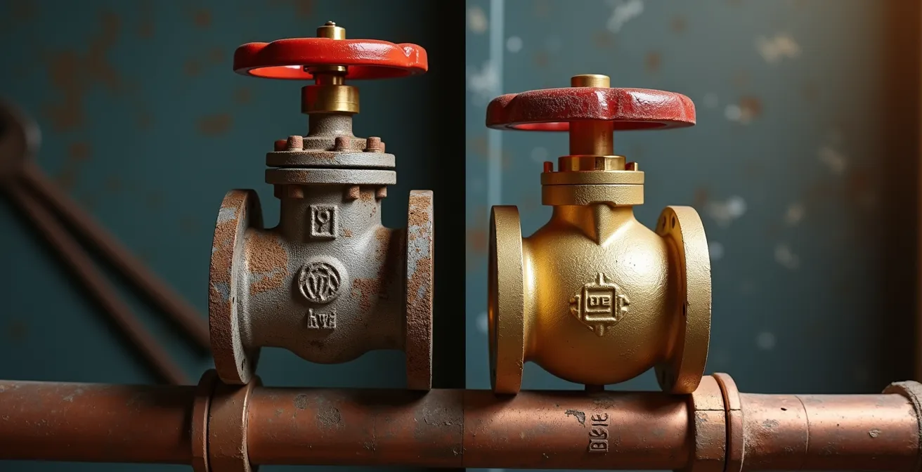 Comparaison visuelle entre une vieille vanne à volant et une vanne moderne à levier quart de tour