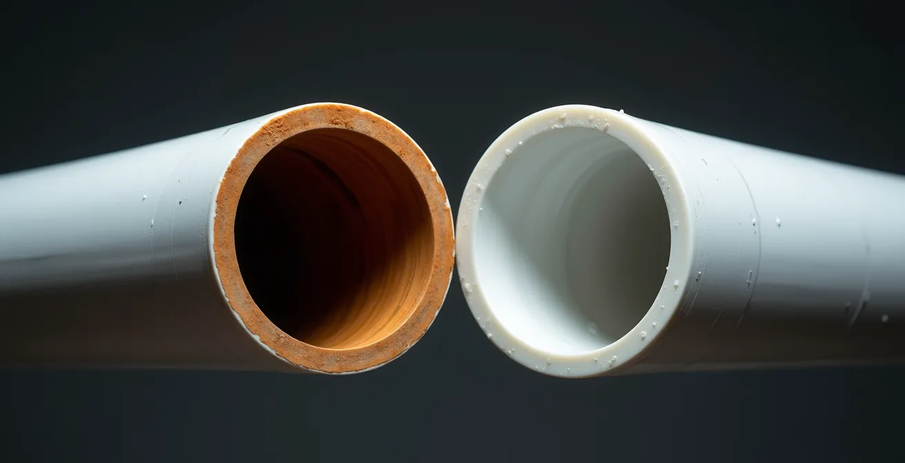 Vue en coupe d'un tuyau montrant l'action différente du furet et de l'hydrocurage