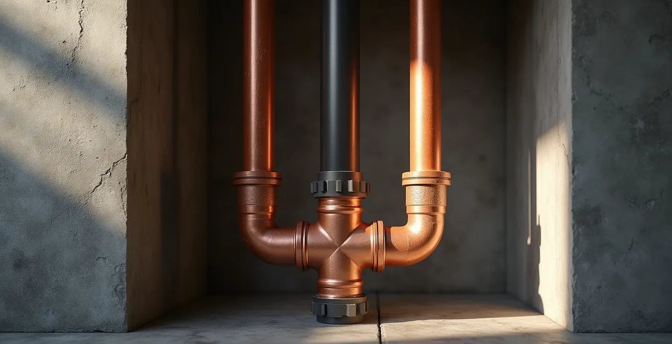 Schéma de plomberie montrant l'installation impossible d'un Power-Pipe pour une douche au sous-sol