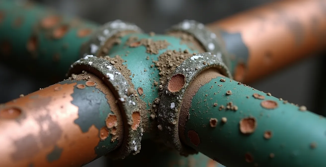Détail macro de corrosion sur tuyaux de cuivre montrant le vert-de-gris caractéristique