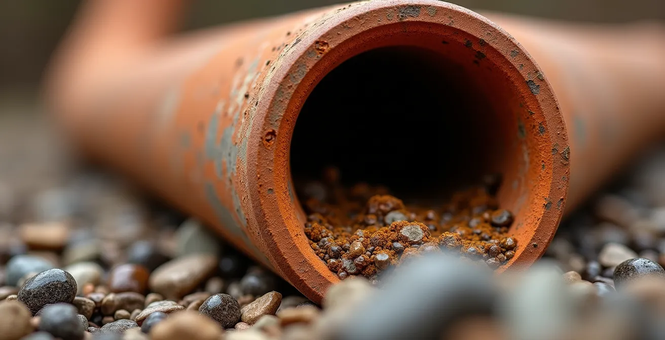 Vue en coupe d'un affaissement de drain avec accumulation d'eau