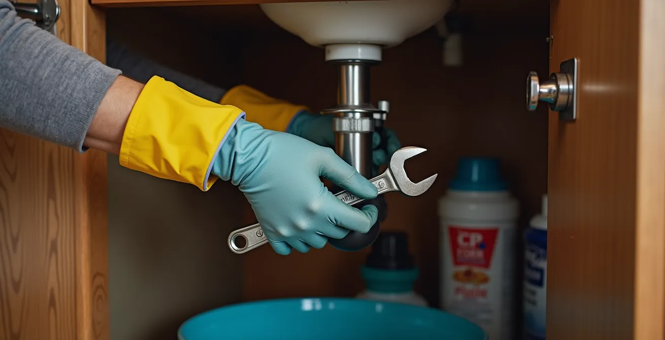 Mains démontant un siphon sous l'évier d'une cuisine avec outils de plomberie