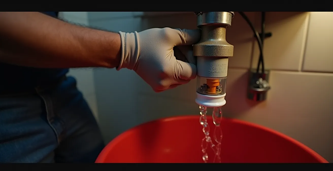 Vue technique du démontage d'un siphon en P sous un lavabo avec seau et outils