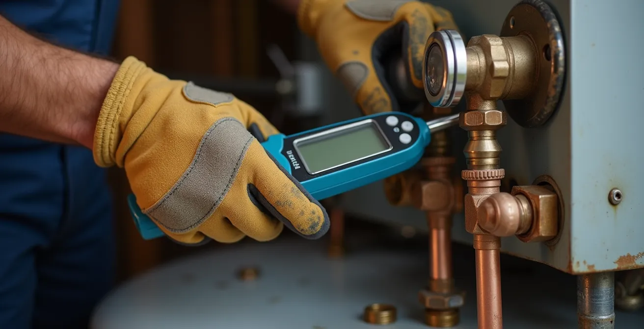 Technicien testant les éléments d'un chauffe-eau avec un multimètre pour diagnostiquer une panne.