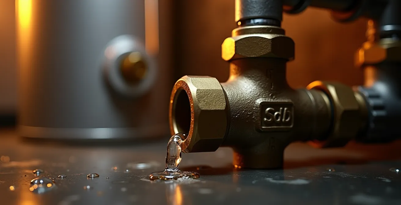 Gros plan sur une soupape de sûreté avec gouttes d'eau perlant à son extrémité