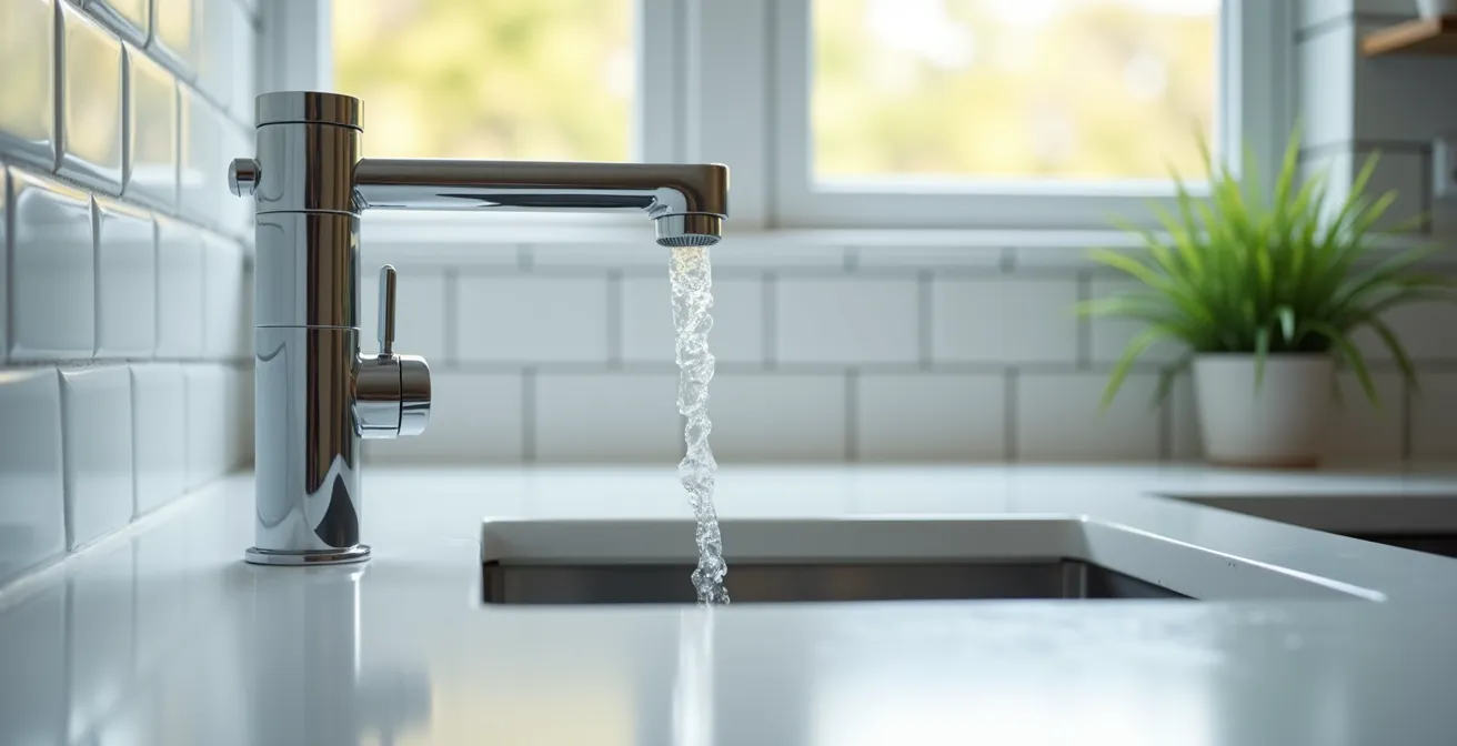 Vue rapprochée de l'eau s'écoulant d'un robinet avec différentes teintes colorées visibles