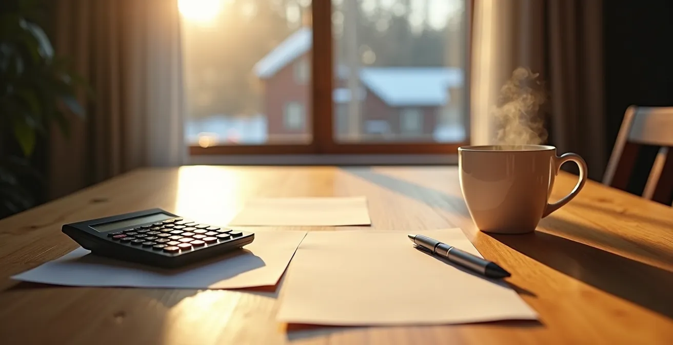 Calculatrice et documents de facturation plomberie sur table de cuisine québécoise