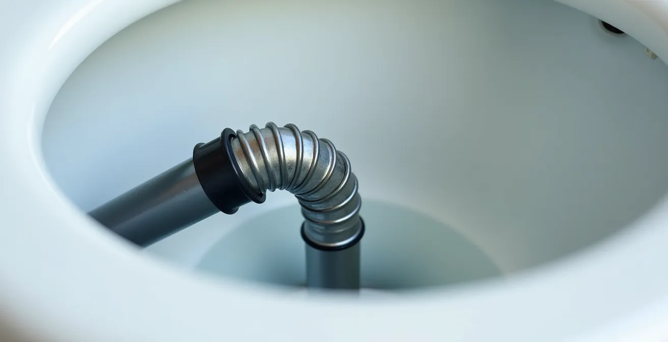 Gros plan sur l'embout protégé d'un furet spécial toilette avec coude en caoutchouc