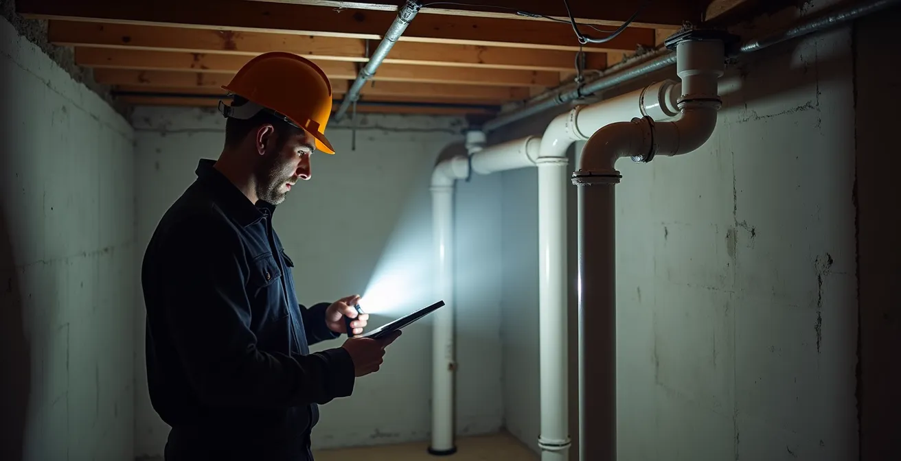 Inspecteur en bâtiment examinant une installation de plomberie défaillante avec équipement professionnel