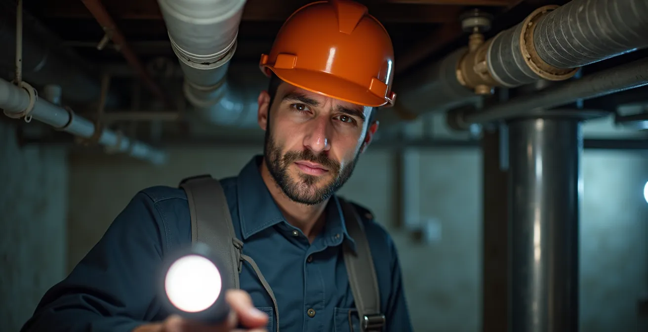 Inspecteur examinant la tuyauterie dans une maison québécoise