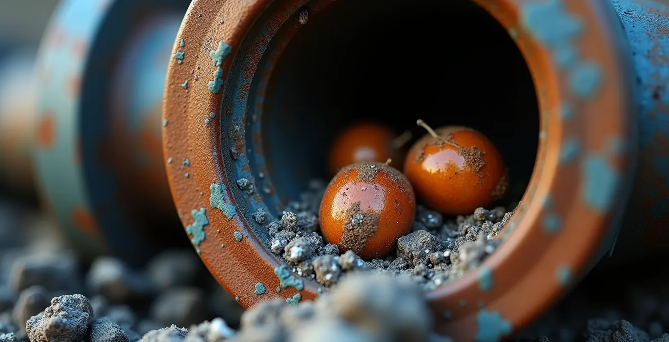 Gros plan macro sur l'intérieur d'un clapet anti-retour avec accumulation de débris typiques du Québec