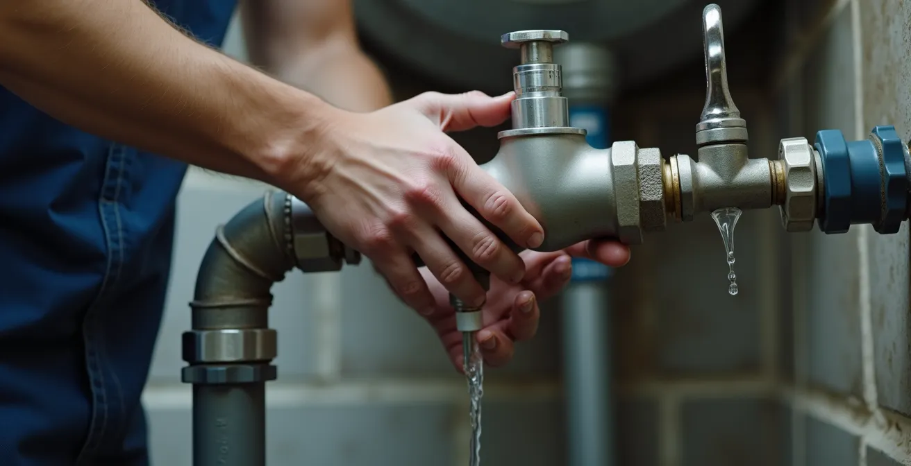 Plombier installant un dispositif anti-bélier sur les tuyaux d'alimentation d'une laveuse dans un sous-sol québécois