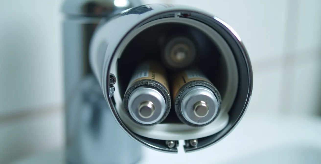 Gros plan sur compartiment à piles lithium d'un robinet automatique commercial