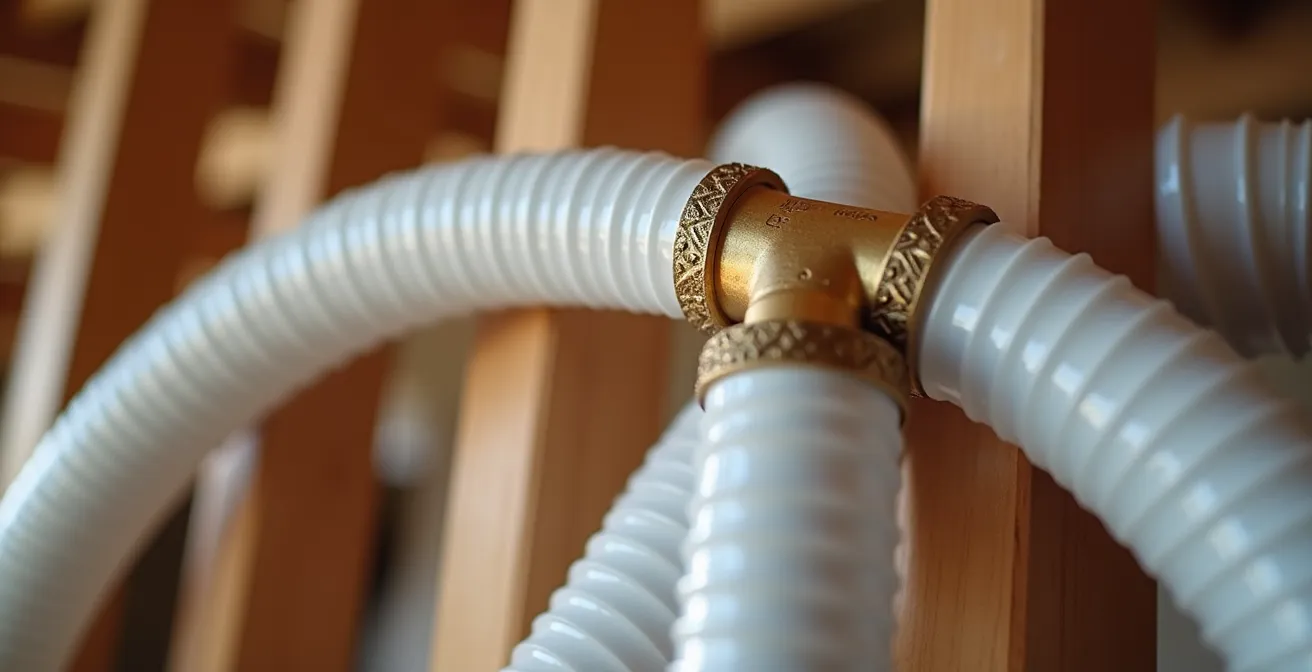 Vue détaillée de tuyaux PEX flexibles installés dans un plafond en rénovation