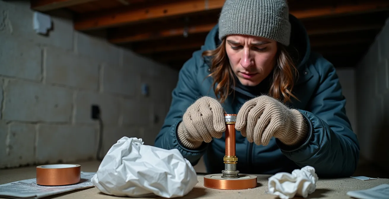 Mains gantées enroulant une tuque de laine autour d'un tuyau de cuivre dans un sous-sol québécois.