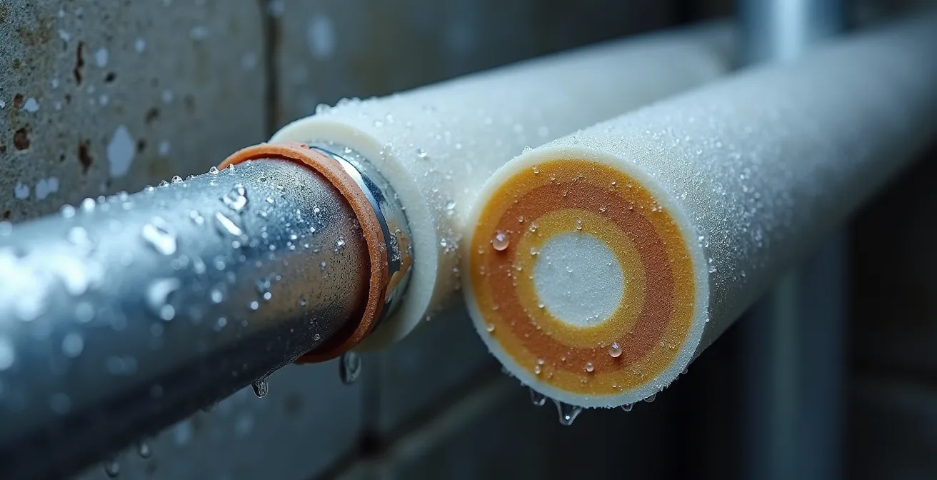 Tuyaux isolés avec gaine thermique dans un sous-sol québécois pour prévention du gel et de la condensation.