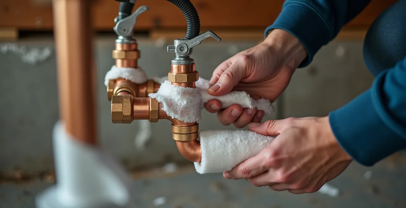 Personne installant de l'isolant en mousse autour de tuyaux de cuivre dans un sous-sol avec outils visibles
