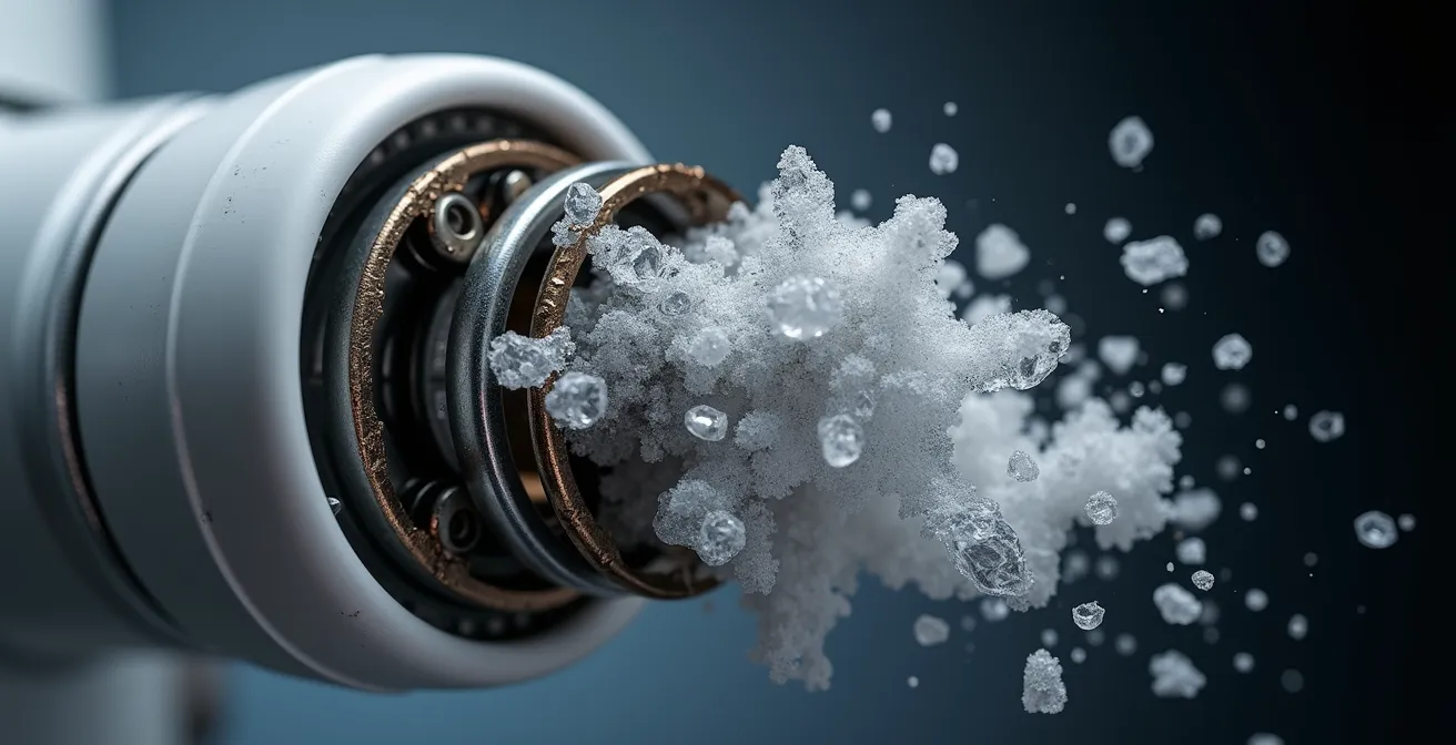 Mécanisme de double chasse en coupe montrant les dépôts calcaires sur les composants internes