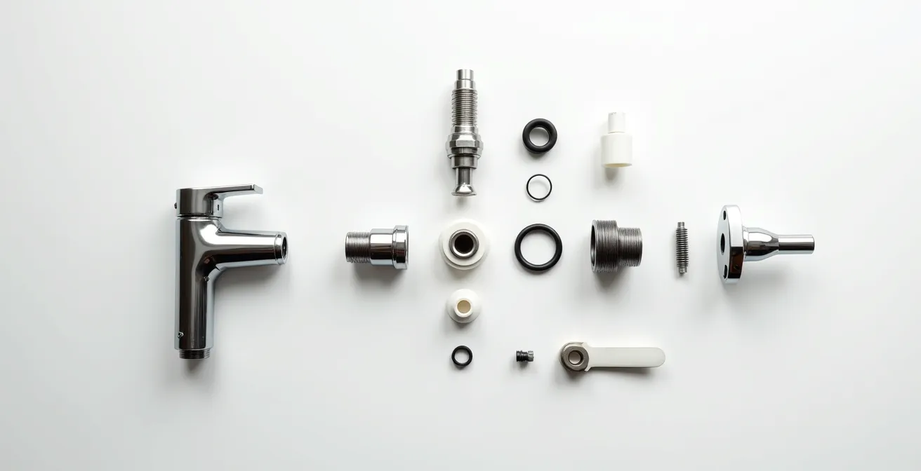 Vue éclatée des composants internes d'un robinet mitigeur avec cartouche céramique démontée