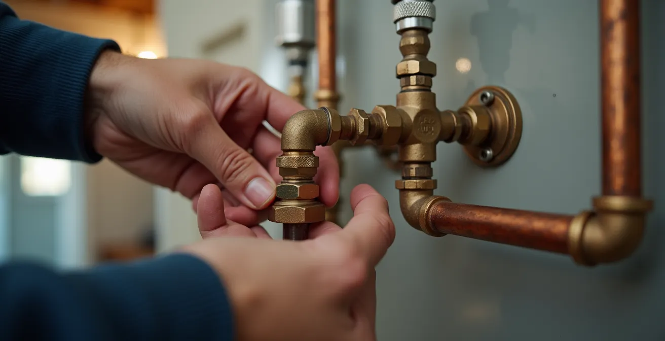 Mitigeur thermostatique installé à la sortie d'un chauffe-eau avec tuyaux de cuivre