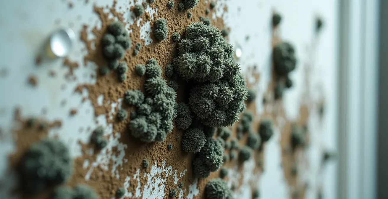 Moisissure noire s'étendant sur un mur de gypse après infiltration d'eau