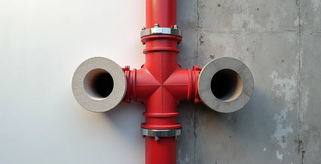 Vue technique d'un mur séparateur coupe-feu avec multiple traversées de tuyauterie correctement scellées