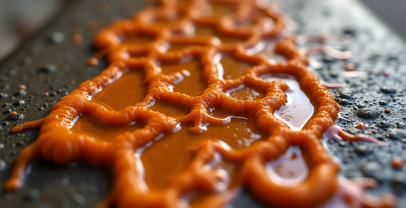 Gros plan macro sur des dépôts d'ocre ferreuse orange dans un système de drainage