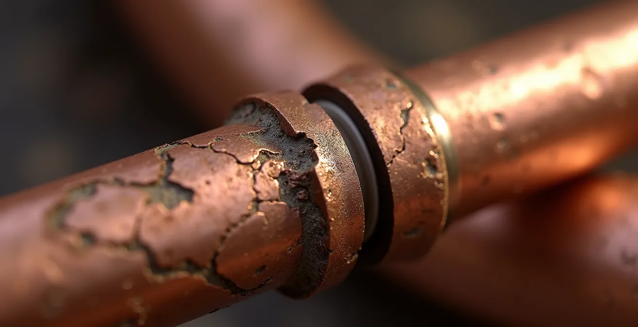 Vue macro d'un tuyau de cuivre montrant les microfissures causées par les coups de bélier répétés