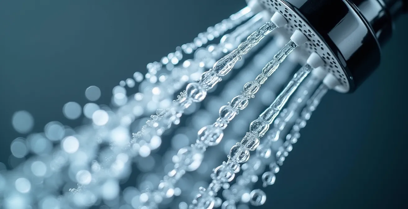 Vue macro de gouttelettes d'eau sortant d'un pommeau de douche à injection d'air