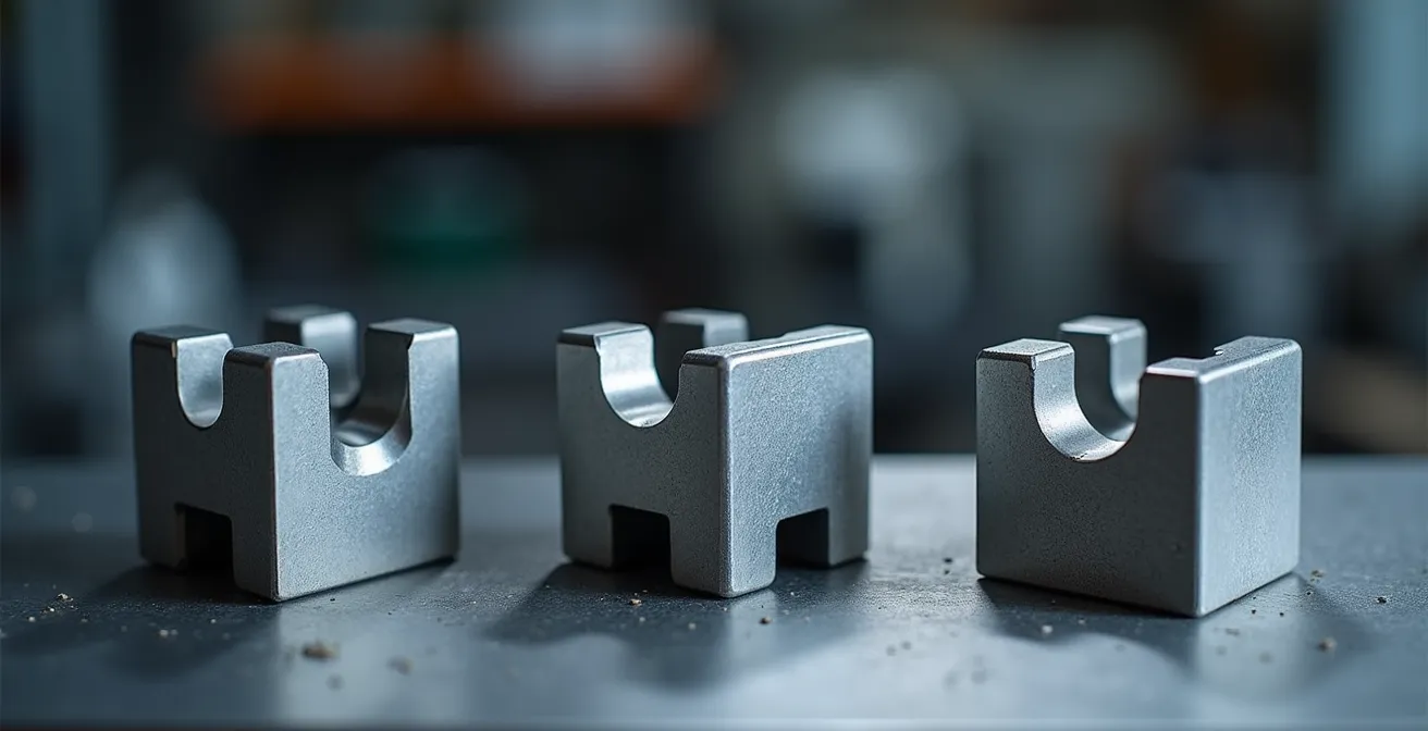 Vue macro détaillée des différents profils de mâchoires de sertissage V, M et U utilisés en plomberie