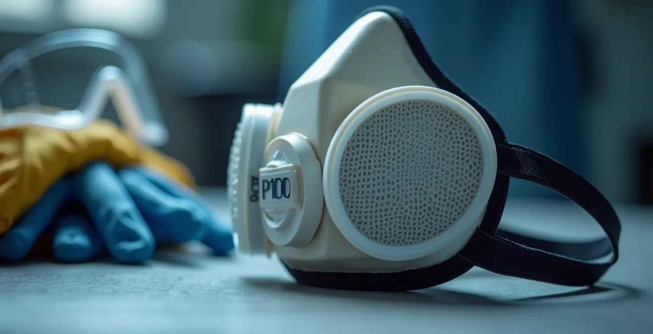 Masque P100 professionnel avec équipements de protection sur surface de travail