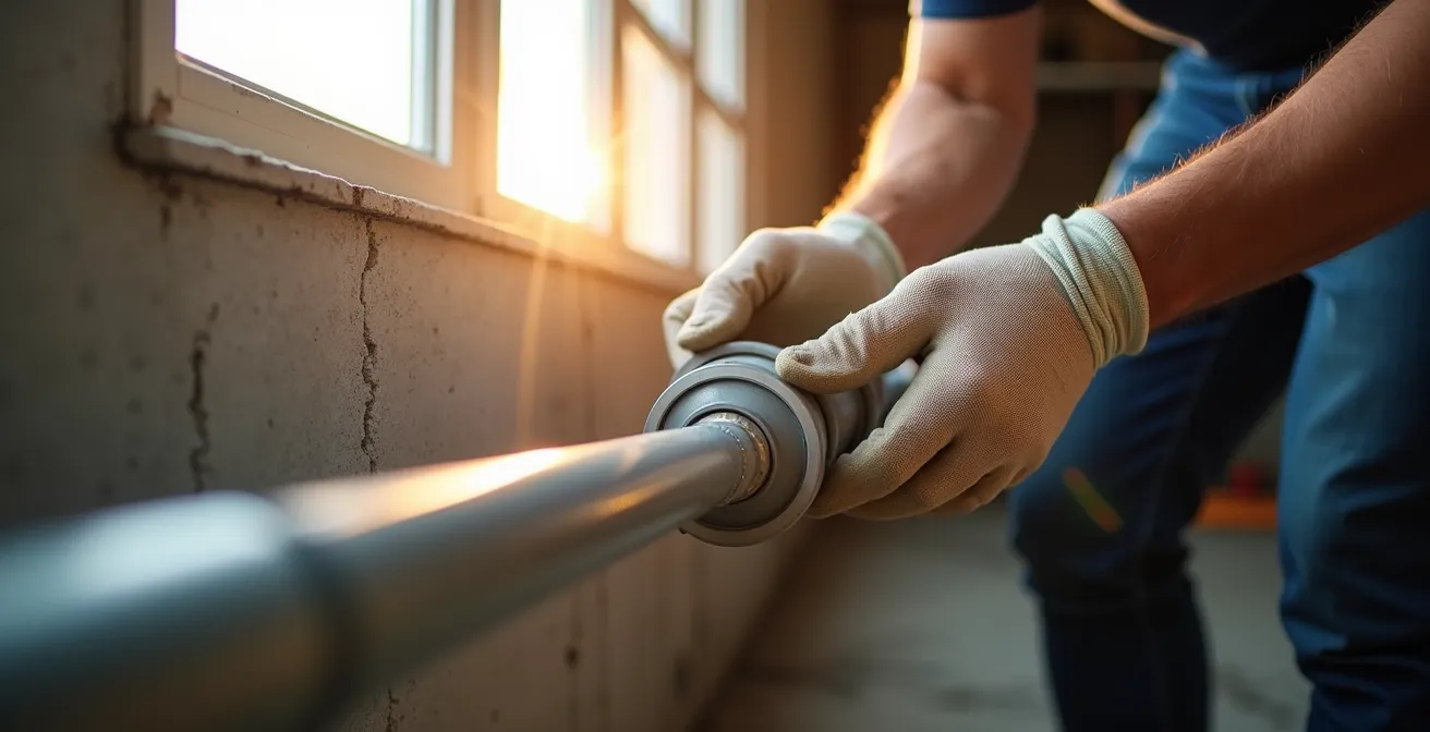 Installation de gaines protectrices sur tuyaux PEX près d'un soupirail de sous-sol