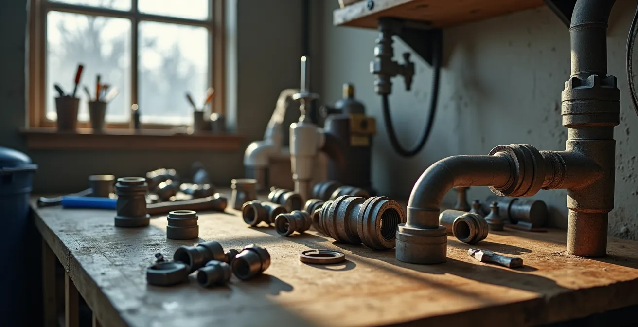 Gros plan sur un raccord de plomberie mal ajusté, montrant un jeu visible entre le tuyau et le raccord, source de fuite potentielle.