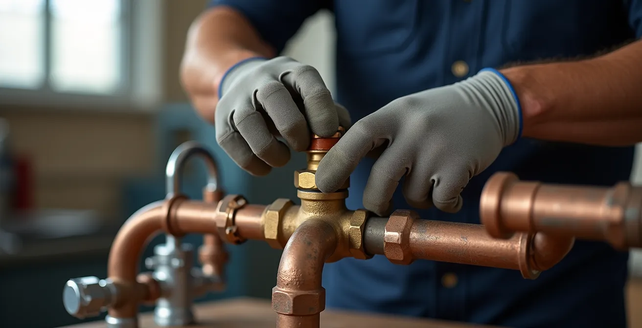 Mains d'un plombier ajustant un réducteur de pression sur une canalisation