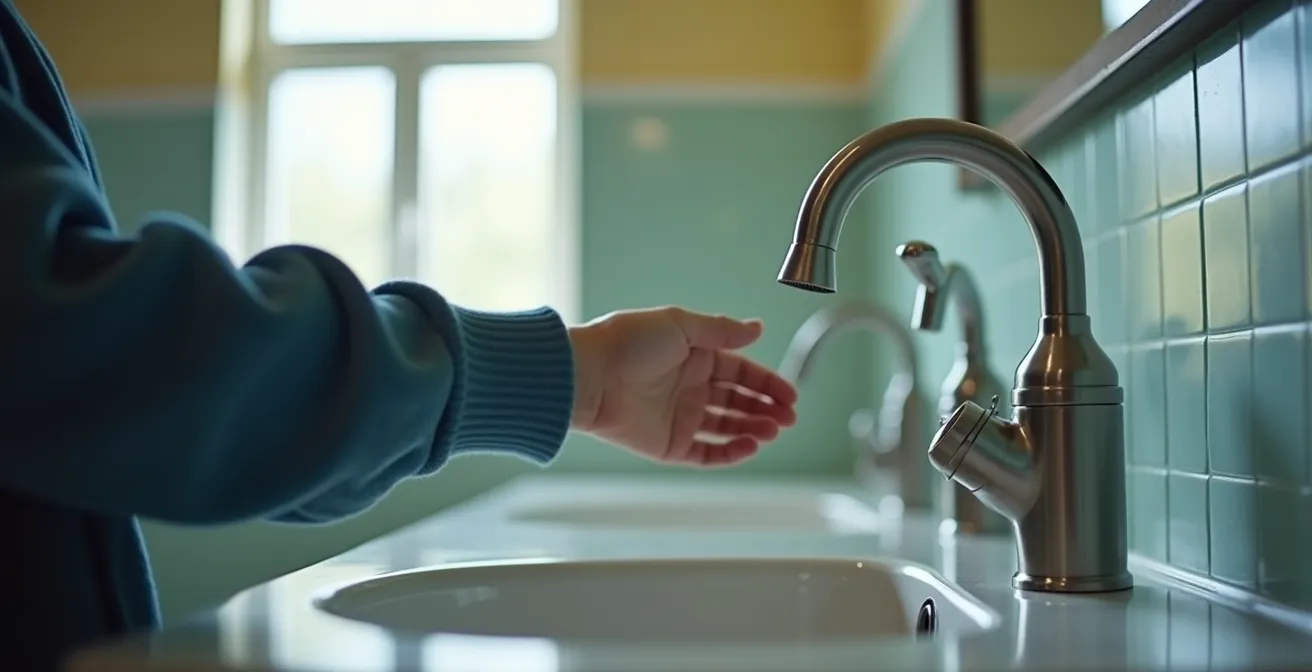 Robinet automatique renforcé en acier inoxydable dans toilettes d'école secondaire