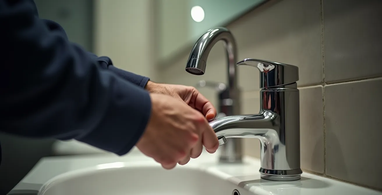 Plombier professionnel ajustant la sensibilité d'un robinet automatique dans des toilettes commerciales