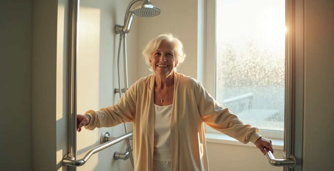 Salle de bain moderne adaptée avec douche sans seuil et barres d'appui