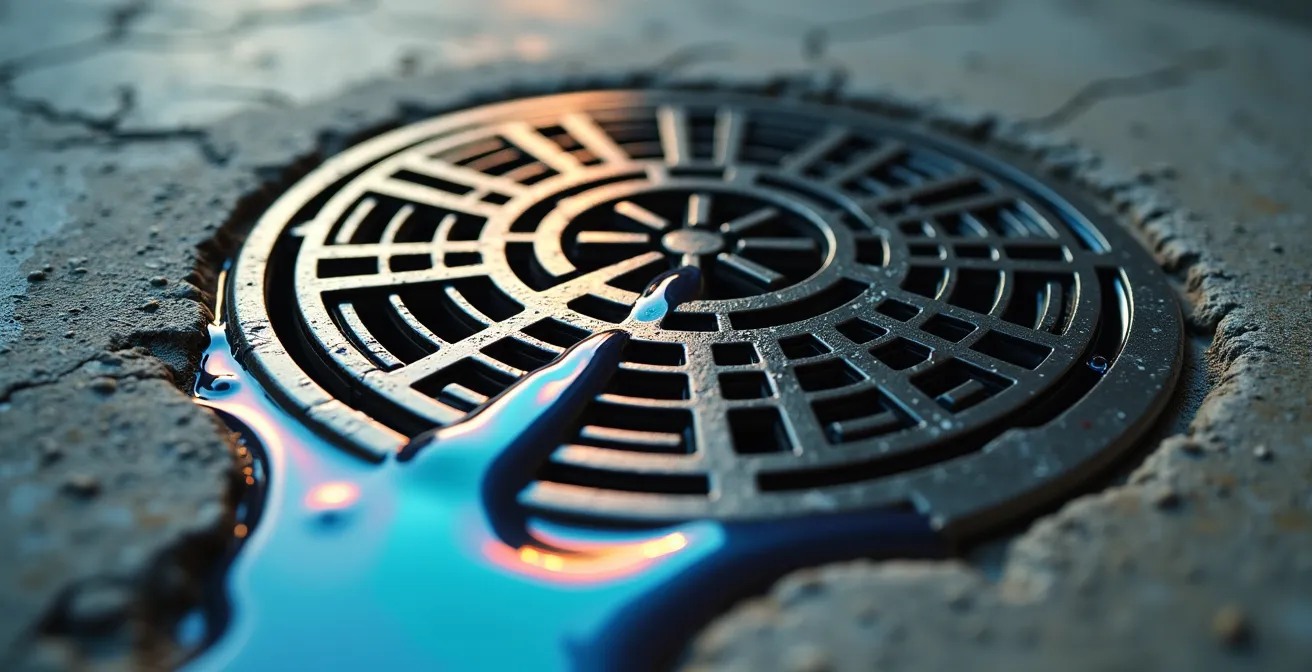 Gros plan macro sur un drain de plancher avec couche d'huile protectrice visible