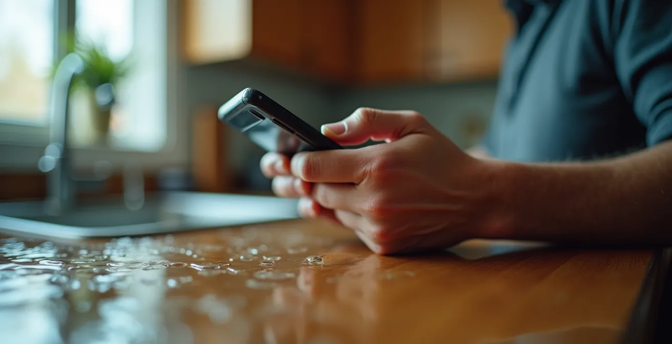 Main tenant un téléphone lors d'un appel d'urgence plomberie dans une cuisine inondée