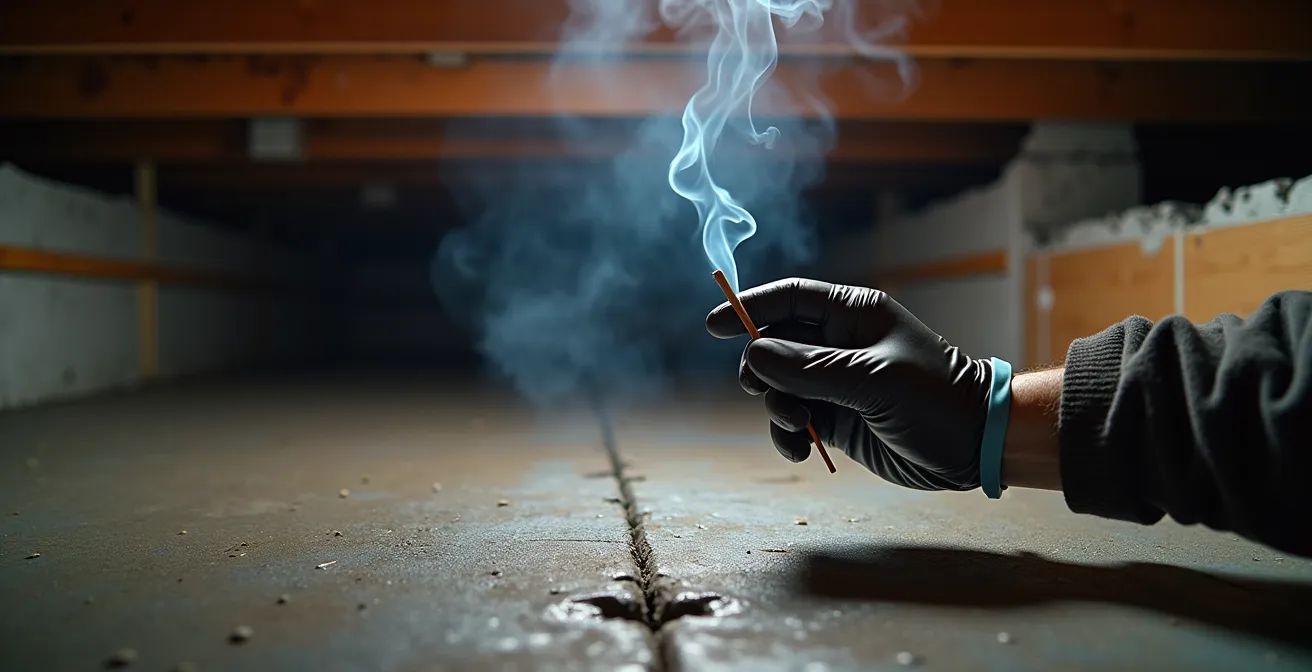 Main tenant un bâton d'encens près d'une solive de rive avec fumée déviée par courant d'air