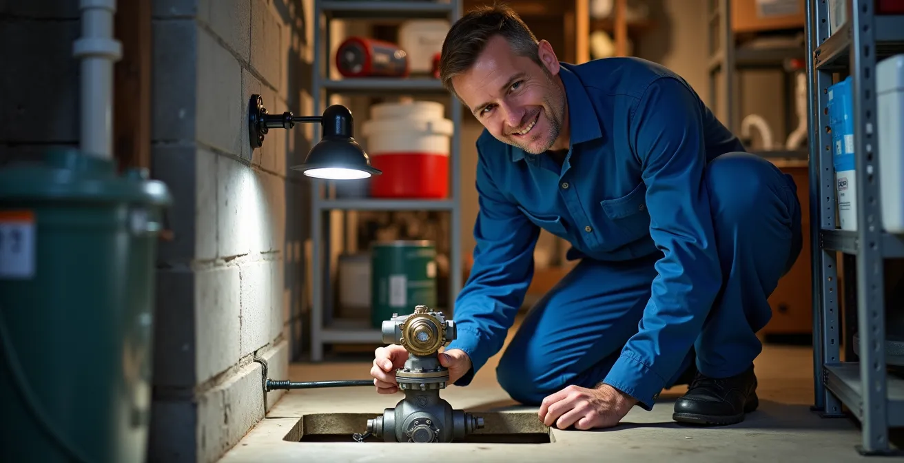 Plombier professionnel effectuant un test de fonctionnement sur un clapet anti-retour dans un sous-sol québécois