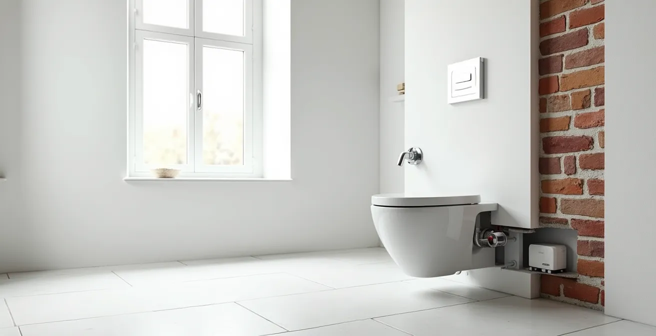 Vue en coupe d'un mur montrant l'installation d'un réservoir encastré pour toilette suspendue